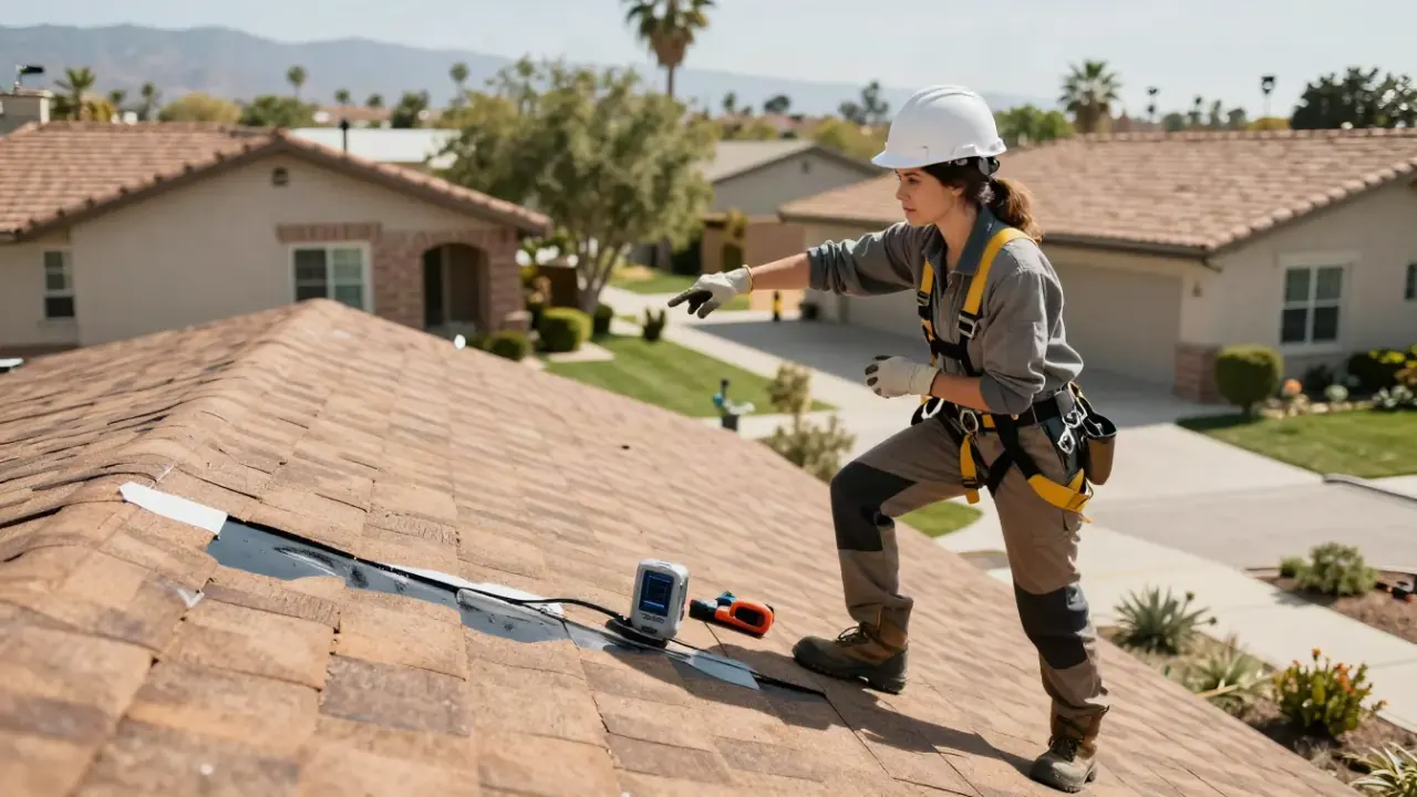 Roofing in Irwindale: roofer speaking with a homeowner in their backyard, pointing towards the roof, explaining the scope