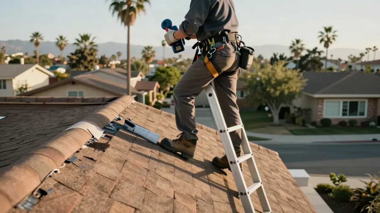 Roofing in West Covina: roofer ascending a tall extension ladder to access a residential roof in West Covina, with palm