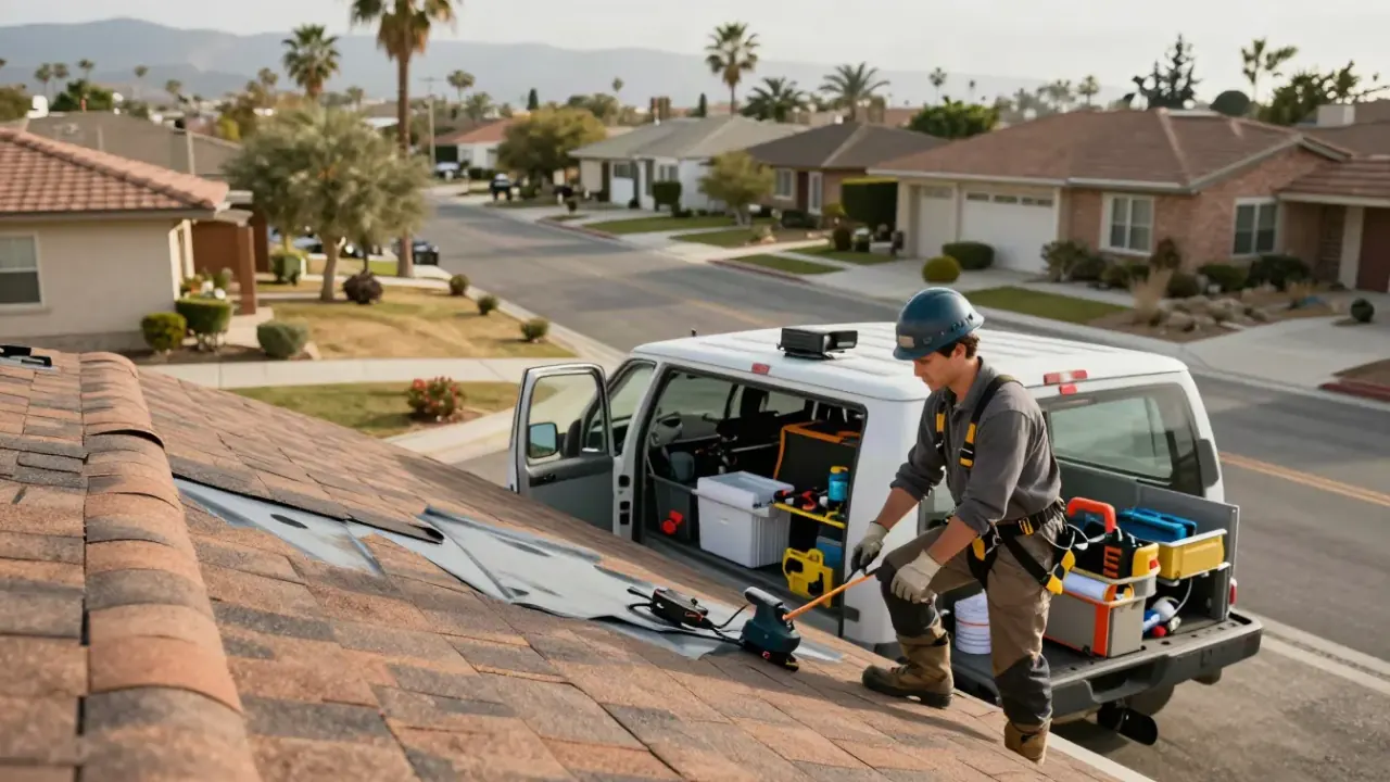 Roofing in West Covina: clean, well-organized service vehicle with various roofing tools and materials neatly stored in its