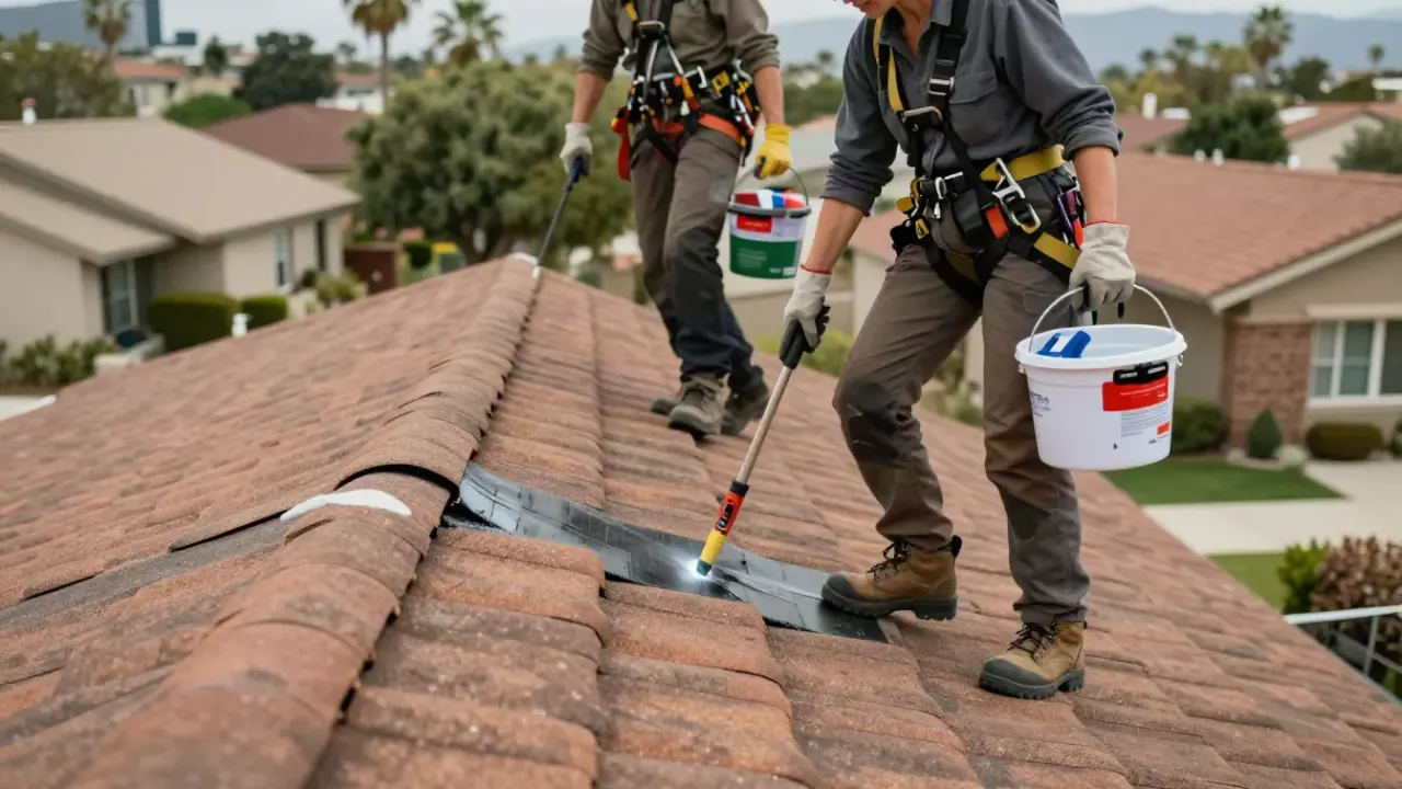 Roofing in Irwindale: roofer in a safety harness, carefully walking across a steep residential tile roof, carrying a