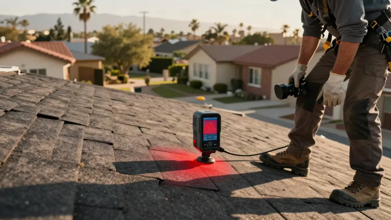 Roofing in Irwindale: thermal imaging camera display showing a clear red hot spot on a dark roof surface, indicating a