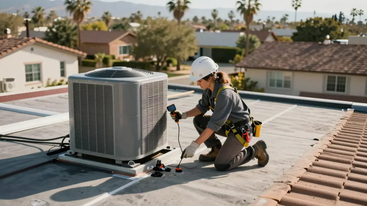 Roofing in Irwindale: roofer kneeling on a flat commercial roof, inspecting a large HVAC unit's base flashing for